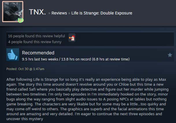 Screenshot showing a Steam review for Life is Strange: Double Exposure.